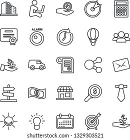 Thin Line Icon Set - alarm led vector, target, group, palm sproute, clock, money search, investment, idea, calendar, cash, calculator, car, social media, certificate, mail, contract, tie, storefront