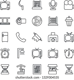 Thin Line Icon Set - alarm clock vector, tv, abacus, well, sickle, film frame, vinyl, video camera, microphone, call, fireplace, rolling pin, outdoor lamp, fridge, sand