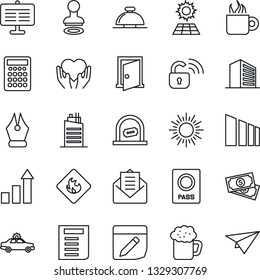Thin Line Icon Set - alarm car vector, reception bell, ticket office, passport, stamp, sun, building, growth statistic, document, heart hand, cash, sorting, flammable, mail, notes, ink pen, panel