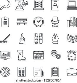 Thin Line Icon Set - alarm clock vector, team, rake, boot, sickle, bench, themes, clipboard, calendar, monitor statistics, office building, news, identity card, hr, abacus, ink pen, target, contract