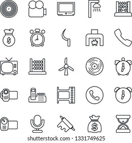Thin Line Icon Set - alarm clock vector, phone, tv, abacus, money bag, sickle, film frame, vinyl, video camera, microphone, call, office, fireplace, rolling pin, outdoor lamp, windmill, sand
