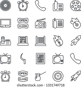 Thin Line Icon Set - alarm clock vector, tv, abacus, stamp, sickle, reel, vinyl, flame disk, radio, phone, call, office, open close, turkish coffee, rocket