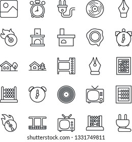 Thin Line Icon Set - alarm clock vector, tv, abacus, stamp, fireplace, film frame, vinyl, flame disk, gallery, ink pen, house with tree, power plug