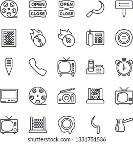 Thin Line Icon Set - alarm clock vector, tv, abacus, stamp, sickle, plant label, reel, flame disk, radio, call, office phone, open close, turkish coffee