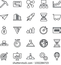 Thin Line Icon Set - alarm led vector, target, arrow up graph, gear, motivation, rocket, money bag, pennon, earth, growth, cart, paper plane, schedule, social media, hierarchy, pedestal, hard work