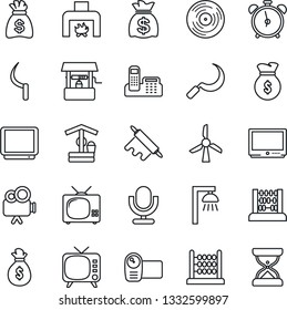 Thin Line Icon Set - alarm clock vector, abacus, money bag, well, sickle, vinyl, tv, video camera, microphone, office phone, fireplace, rolling pin, outdoor lamp, windmill, sand