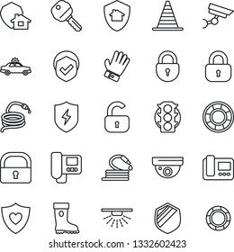 Thin Line Icon Set - alarm car vector, border cone, lock, glove, boot, hose, heart shield, traffic light, protect, key, intercome, home, surveillance, sprinkler, crisis management