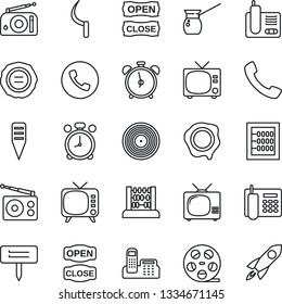 Thin Line Icon Set - alarm clock vector, phone, tv, abacus, stamp, sickle, plant label, reel, vinyl, radio, call, office, open close, turkish coffee, rocket