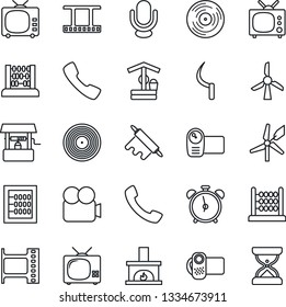 Thin Line Icon Set - alarm clock vector, abacus, well, sickle, film frame, vinyl, tv, video camera, microphone, call, fireplace, rolling pin, windmill, sand