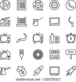 Thin Line Icon Set - alarm clock vector, phone, tv, stamp, sickle, plant label, reel, vinyl, flame disk, radio, abacus, open close, turkish coffee, rocket