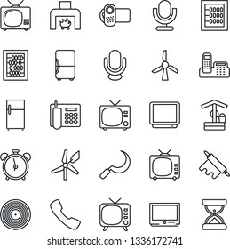 Thin Line Icon Set - alarm clock vector, tv, abacus, well, sickle, vinyl, video camera, microphone, call, office phone, fireplace, rolling pin, fridge, windmill, sand