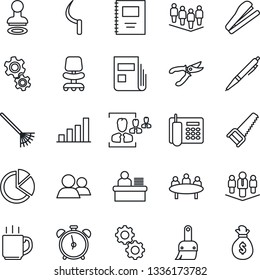 Thin Line Icon Set - alarm clock vector, stamp, office chair, team, meeting, rake, pruner, saw, sickle, group, themes, coffee, copybook, bar graph, pie, news, hr, phone, manager desk, pen, stapler