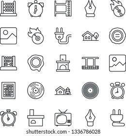 Thin Line Icon Set - alarm clock vector, abacus, stamp, fireplace, film frame, vinyl, flame disk, gallery, ink pen, house with tree, tv, power plug