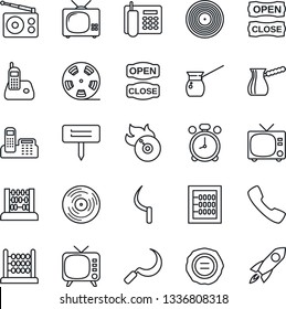 Thin Line Icon Set - alarm clock vector, tv, abacus, stamp, sickle, plant label, reel, vinyl, flame disk, radio, phone, call, office, open close, turkish coffee, rocket