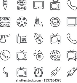 Thin Line Icon Set - alarm clock vector, phone, tv, stamp, sickle, plant label, reel, flame disk, radio, call, office, open close, turkish coffee, rocket
