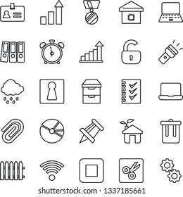 Thin Line Icon Set - alarm clock vector, trash bin, female, identity, growth statistic, medal, notebook pc, drawing pin, fence, rain, stop button, archive chest, torch, cut, paper clip, pie graph