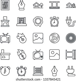 Thin Line Icon Set - alarm clock vector, abacus, stamp, fireplace, film frame, vinyl, flame disk, gallery, ink pen, house with tree, tv, power plug
