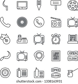 Thin Line Icon Set - alarm clock vector, phone, tv, abacus, stamp, sickle, plant label, reel, vinyl, flame disk, radio, call, office, open close, turkish coffee