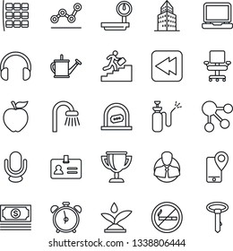Thin Line Icon Set - alarm clock vector, no smoking, ticket office, identity, seat map, watering can, garden sprayer, cash, client, mobile tracking, heavy scales, microphone, headphones, laptop pc