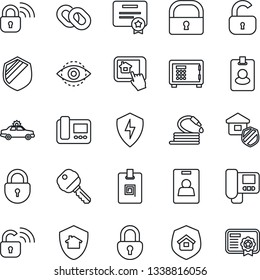 Thin Line Icon Set - alarm car vector, safe, lock, hose, shield, chain, protect, eye id, identity card, key, estate insurance, wireless, intercome, home control app, pass, certificate