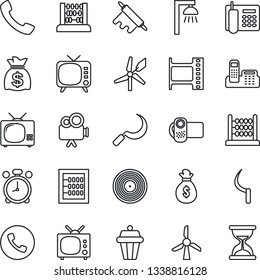Thin Line Icon Set - alarm clock vector, phone, abacus, money bag, sickle, film frame, vinyl, tv, video camera, call, office, rolling pin, outdoor lamp, windmill, sand