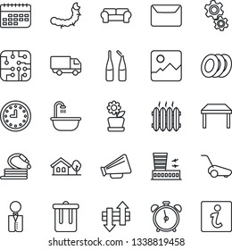 Thin Line Icon Set - alarm clock vector, trash bin, airport building, lawn mower, hose, caterpillar, ampoule, car delivery, term, loudspeaker, gallery, data exchange, mail, house with tree, table