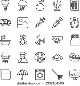 Thin Line Icon Set - alarm clock vector, storm cloud, rake, syringe, implant, virus, umbrella, network, gallery, sd, office chair, blank box, contract, windmill, bathroom, moving, cook, serviette