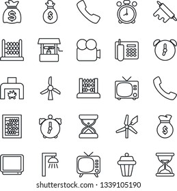 Thin Line Icon Set - alarm clock vector, tv, abacus, money bag, well, video camera, call, office phone, fireplace, rolling pin, outdoor lamp, windmill, sand