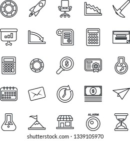 Thin Line Icon Set - alarm led vector, motivation, rocket, clock, crisis, office chair, money search, calendar, flask, cash, calculator, paper plane, schedule, management, certificate, mail, sand