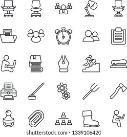 Thin Line Icon Set - alarm clock vector, office chair, team, farm fork, boot, hoe, axe, group, clipboard, paper clip, document folder, ink pen, desk lamp, printer, hierarchy, stamp, career ladder