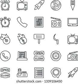 Thin Line Icon Set - alarm clock vector, phone, tv, abacus, stamp, sickle, plant label, vinyl, flame disk, radio, call, office, open close, rocket
