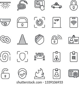 Thin Line Icon Set - alarm car vector, border cone, identity card, hose, shield, flammable, chain, lock, face id, eye, vip zone, wireless, home control app, pass, surveillance, sprinkler