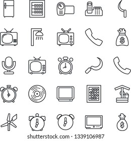 Thin Line Icon Set - alarm clock vector, abacus, money bag, well, sickle, vinyl, tv, video camera, microphone, call, office phone, outdoor lamp, fridge, windmill