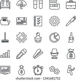 Thin Line Icon Set - alarm clock vector, gear, money bag, ripper, rake, blood test vial, settings, themes, calendar, case, monitor statistics, bar graph, pie, news, document folder, checklist, stamp