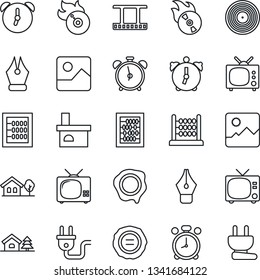 Thin Line Icon Set - alarm clock vector, tv, abacus, stamp, fireplace, film frame, vinyl, flame disk, gallery, ink pen, house with tree, power plug
