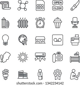 Thin Line Icon Set - alarm clock vector, sun, plane globe, bulb, garden knife, molecule, camera, record, sim, sertificate, office chair, copier, manager, building, children room, heater, cafe