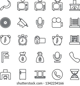 Thin Line Icon Set - alarm clock vector, phone, tv, abacus, money bag, sickle, film frame, vinyl, video camera, microphone, call, fireplace, rolling pin, outdoor lamp, fridge, sand