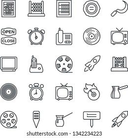 Thin Line Icon Set - alarm clock vector, tv, abacus, stamp, sickle, plant label, reel, vinyl, flame disk, radio phone, open close, turkish coffee, rocket