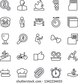 Thin Line Icon Set - alarm clock vector, signpost, bike, broken bone, 24 hours, folder document, fragile, no hook, flammable, satellite, finger up, sd, paper clip, blank box, support, manager, led
