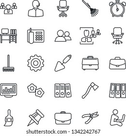 Thin Line Icon Set - alarm clock vector, gear, office chair, case, team, desk, trowel, rake, pruner, axe, group, themes, monitor statistics, drawing pin, hr, phone, support, paper binder