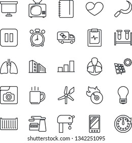 Thin Line Icon Set - alarm clock vector, notepad, presentation board, bulb, factory, sickle, blood test vial, lungs, pulse clipboard, client, cargo container, flame disk, heart, pause button, mobile