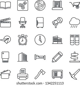 Thin Line Icon Set - alarm clock vector, bed, safe, office building, book, abacus, pencil, printer, wheelbarrow, rain, axe, clapboard, vinyl, microphone, cut, chair, steaming pan, fridge, usb flash