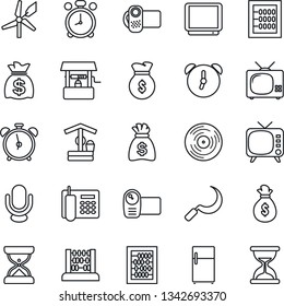 Thin Line Icon Set - alarm clock vector, abacus, money bag, well, sickle, vinyl, tv, video camera, microphone, office phone, fridge, windmill, sand