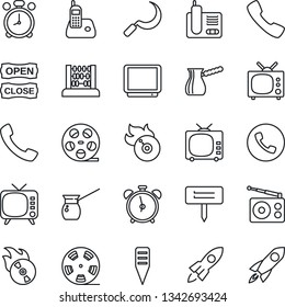 Thin Line Icon Set - alarm clock vector, phone, abacus, sickle, plant label, reel, flame disk, radio, tv, call, open close, turkish coffee, rocket