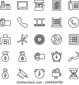 Thin Line Icon Set - alarm clock vector, phone, abacus, money bag, well, sickle, film frame, vinyl, tv, video camera, call, office, fireplace, rolling pin, windmill, sand