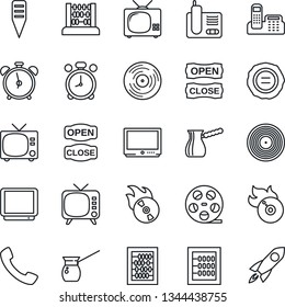 Thin Line Icon Set - alarm clock vector, tv, abacus, stamp, plant label, reel, vinyl, flame disk, radio phone, call, office, open close, turkish coffee, rocket