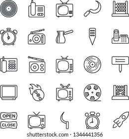 Thin Line Icon Set - alarm clock vector, tv, abacus, sickle, plant label, reel, vinyl, flame disk, radio, phone, office, open close, turkish coffee, rocket