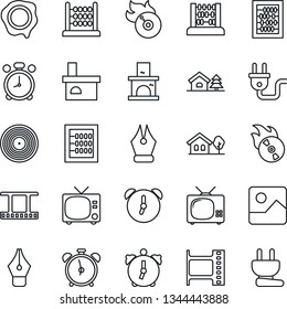 Thin Line Icon Set - alarm clock vector, tv, abacus, stamp, fireplace, film frame, vinyl, flame disk, gallery, ink pen, house with tree, power plug