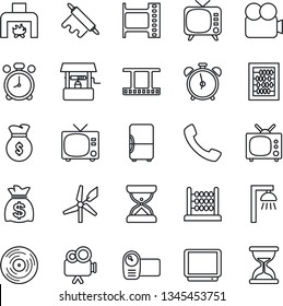 Thin Line Icon Set - alarm clock vector, tv, abacus, money bag, well, film frame, vinyl, video camera, call, fireplace, rolling pin, outdoor lamp, fridge, windmill, sand
