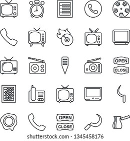 Thin Line Icon Set - alarm clock vector, phone, tv, abacus, stamp, sickle, plant label, reel, flame disk, radio, call, open close, turkish coffee
